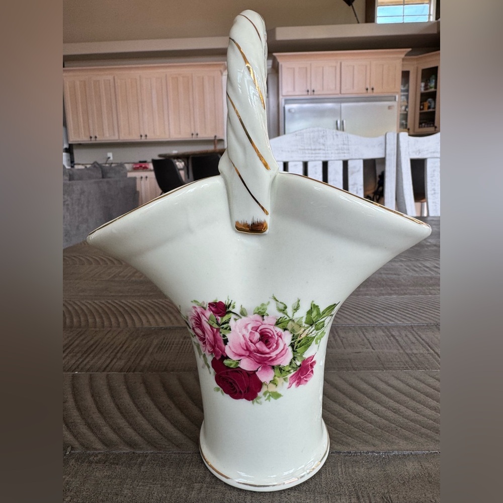 Vintage Formalities by Baum Bros Porcelain Basket Vase w/Roses & Rope Handle
